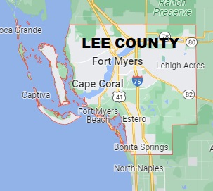 Lee County on the map of Florida 2023. Cities, roads, borders and  directions in Lee County of Florida.