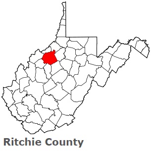 Ritchie County on the map of West Virginia 2026. Cities, roads, borders